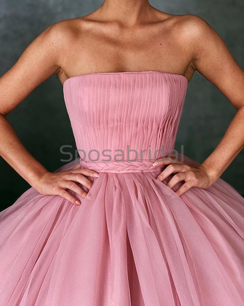 A-line Pink Tulle Strapless Formal Elegant Prom Dresses PD2153