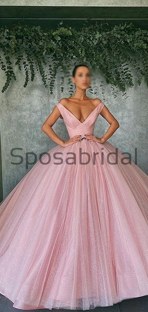 A-line Pink Tulle V-Neck Formal Elegant Prom Dresses PD2154