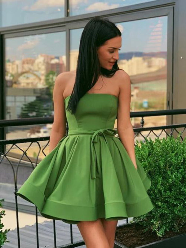 Strapless A-line Sage Green Unique Pretty Short Homecoming Dresses, BD0431