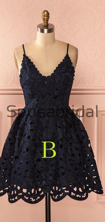 A-line Red Navy Blue Spaghetti Straps Lace Short Homecoming Dresses BD0432