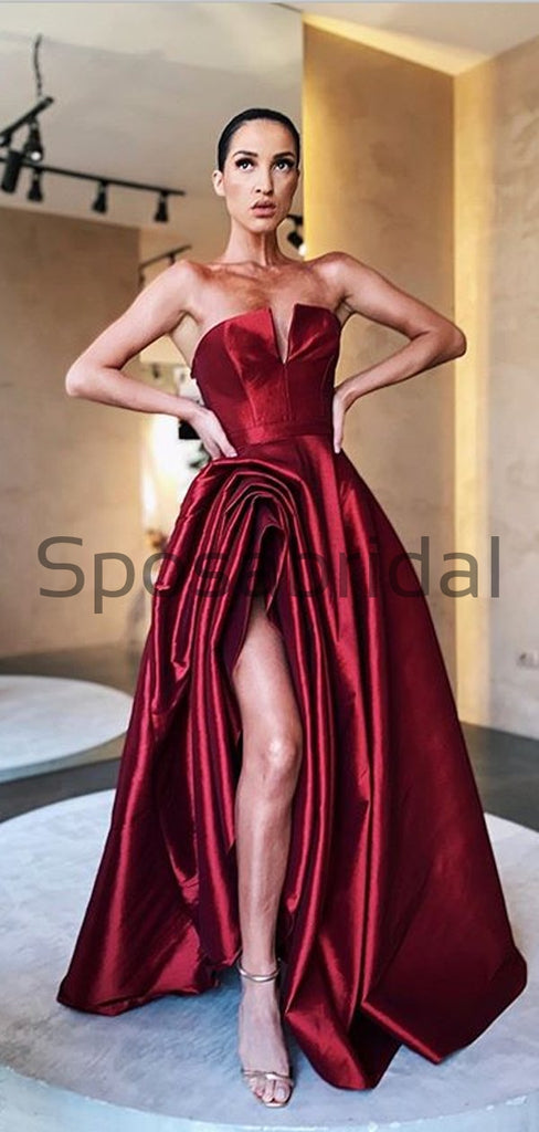 A-line Red Satin Cheap Strapless Simple Formal Prom Dresses PD2155