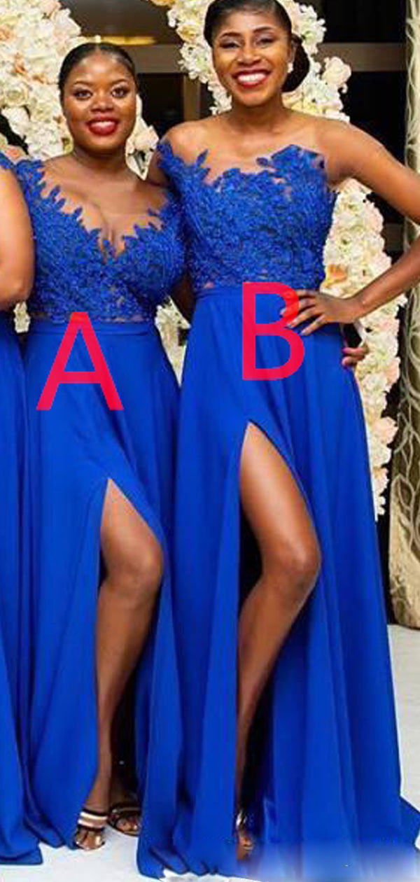 A-line Royal Blue Side Slit Lace Gorgeous Bridesmaid Dresses WG603 SposaBridal A-line Royal Blue Side Slit Lace Gorgeous Bridesmaid Dresses WG603 SposaBridal