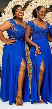 A-line Royal Blue Side Slit Lace Gorgeous Bridesmaid Dresses WG603
