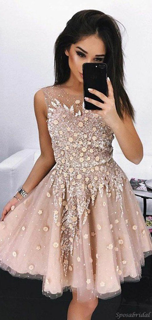 Dusty Pink A-line Lace Tulle Unique Short Homecoming Dresses, BD0434