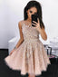 Dusty Pink A-line Lace Tulle Unique Short Homecoming Dresses, BD0434