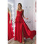 A-line Spaghetti Straps Red Side Slit Lace Modest Prom Dresses PD2158