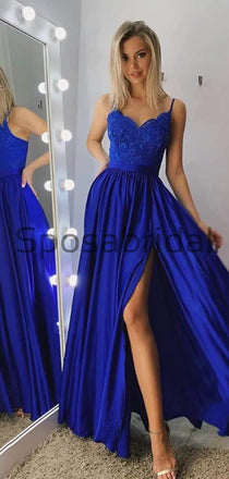A-line Spaghetti Straps Side Slit Blue Lace Modest Prom Dresses PD2160