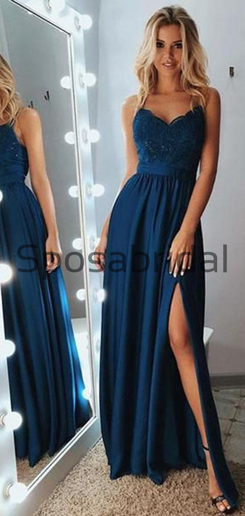 A-line Spaghetti Straps Side Slit Navy Blue Lace Modest Prom Dresses PD2162