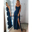 A-line Spaghetti Straps Side Slit Navy Blue Lace Modest Prom Dresses PD2162