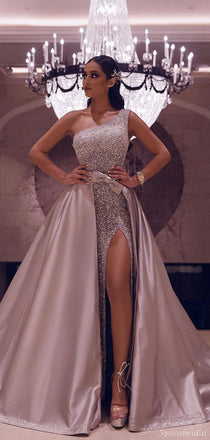 Sparkly Blush Pink Silver One-shoulder Side-slit A-line Long Prom Dresses, Ball Gown, PD1541