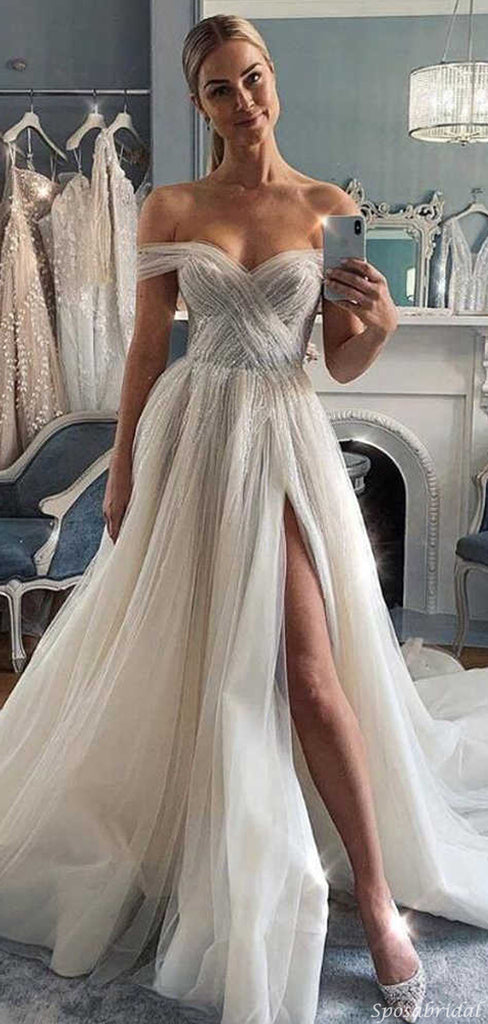 Simple A-line Off the Shoulder Side-slit Long Wedding Dresses, WD0600