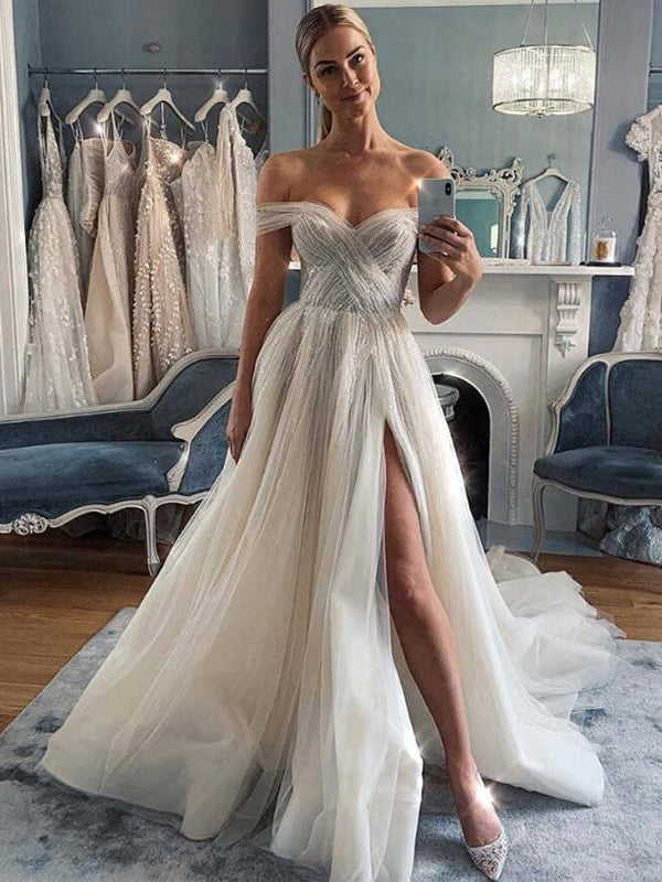 Simple A-line Off the Shoulder Side-slit Long Wedding Dresses, WD0600 SposaBridal Simple A-line Off the Shoulder Side-slit Long Wedding Dresses, WD0600 SposaBridal