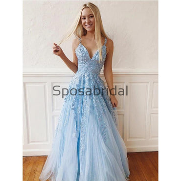 A-line Straps Blue Lace Long Elegant Modest Prom Dresses PD2263