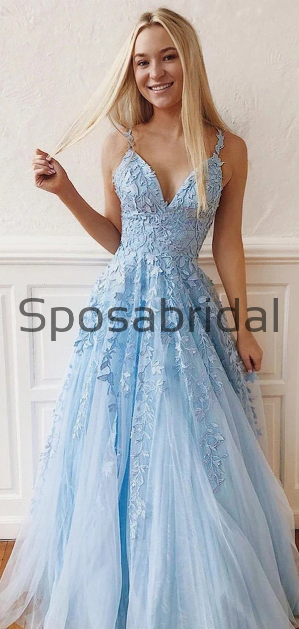 A-line Straps Blue Lace Long Elegant Modest Prom Dresses PD2263 SposaBridal A-line Straps Blue Lace Long Elegant Modest Prom Dresses PD2263 SposaBridal