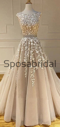 A-line Straps Champagne Lace Long Formal Modest Prom Dresses PD2265