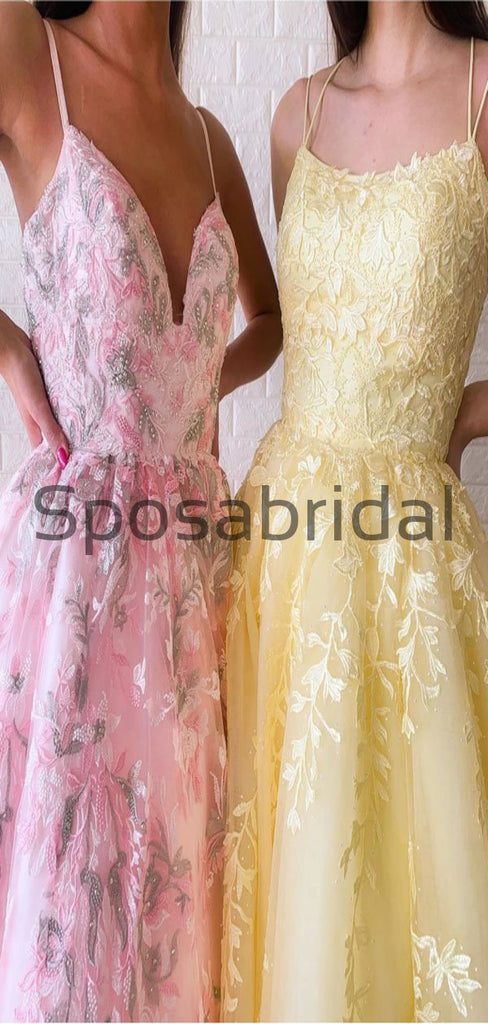 A-line Straps Yellow Pink Lace Modest Formal Long Prom Dresses PD2145