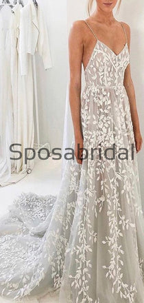 A-line Unique Lace Spaghetti Straps Long Vintage Princess Wedding Dresses WD0366