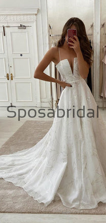 A-line Unique Lace Straps Vintage Romantic Dream Wedding Dresses WD0413