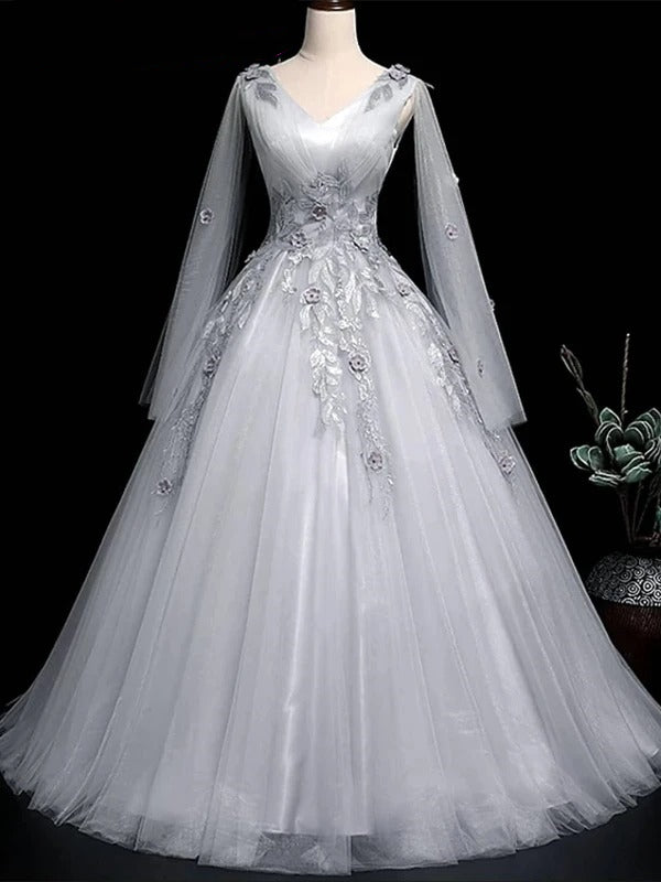 Elegant Vintage V-neck A-line Long Sleeve Tulle Lace Wedding Dress, WD3002