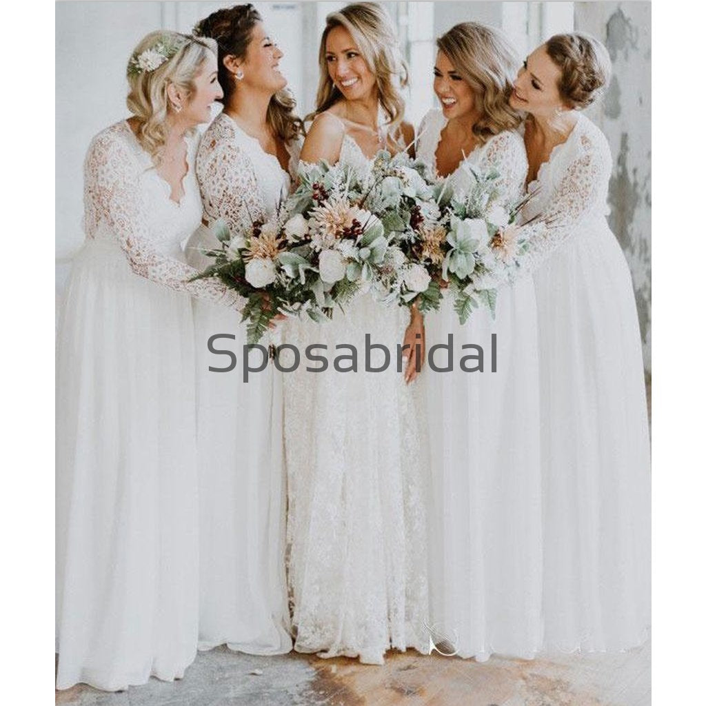 A-line White Long Sleeves Lace Long Bridesmaid Dresses WG872