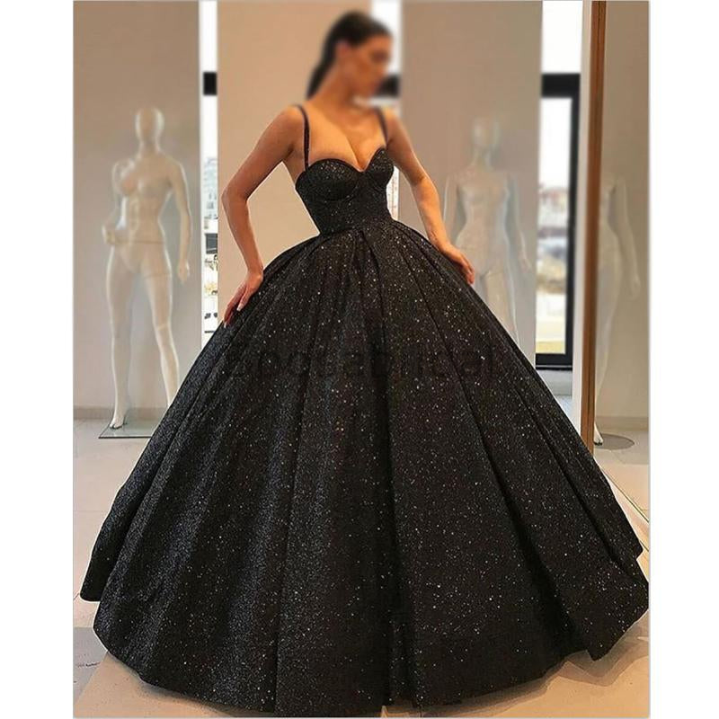 A-line Black Gorgeous Spaghetti Straps Long Modest Prom Dresses, Ball gown PD1503