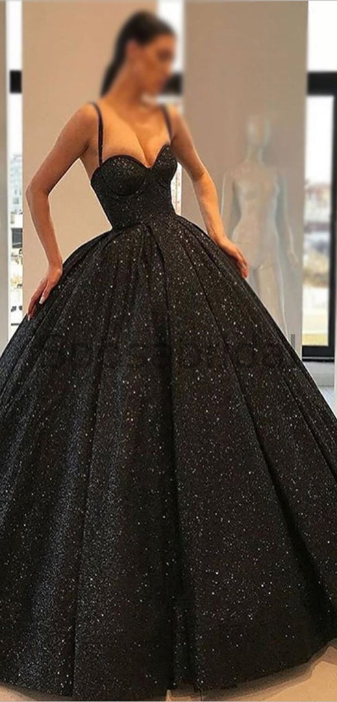 A-line Black Gorgeous Spaghetti Straps Long Modest Prom Dresses, Ball gown PD1503