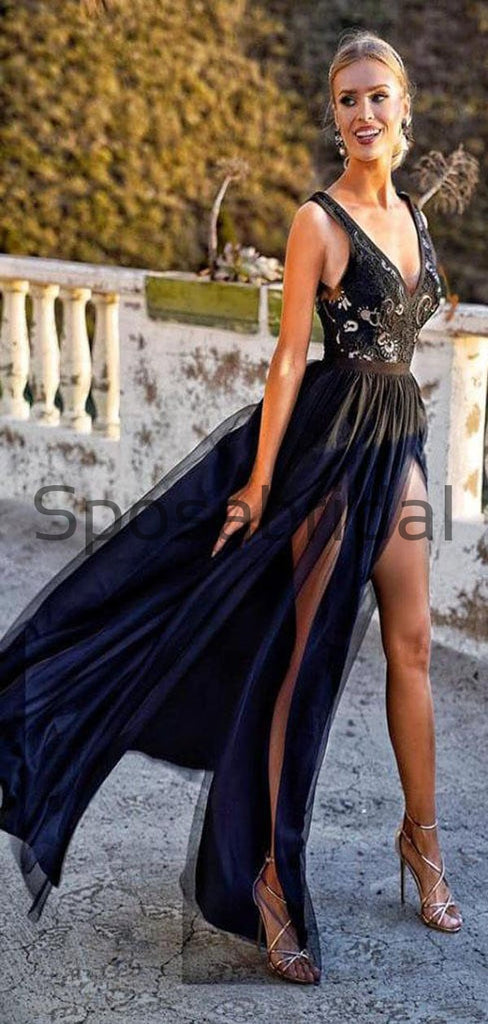 A-line Black Tulle Gorgeous V-Neck Slit Long Prom Dresses PD2126