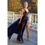 A-line Black Tulle Gorgeous V-Neck Slit Long Prom Dresses PD2126