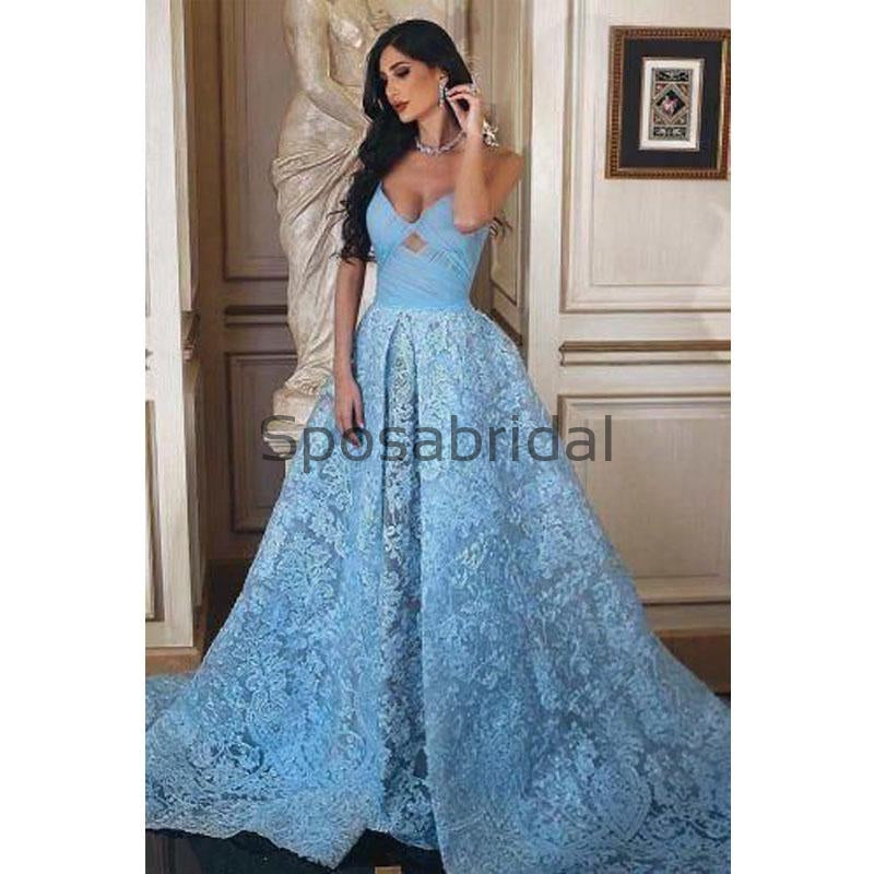 A-line Blue Lace Unique Modest Formal Prom Dresses PD2128