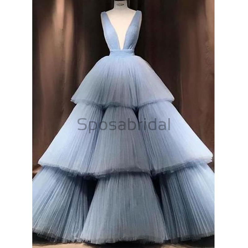 A-line Blue Tulle Deep V-Neck Unique Modest Gorgeous Long Prom Dresses, Ball gown PD1508