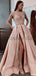 A-line Cap Sleeves Satin Side Slit Formal Long Modest Prom Dresses with bead PD1601