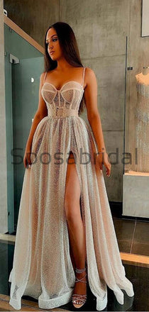 A-line Charming Spaghetti Straps Sequin Side Slit Modest Prom Dresses PD1984