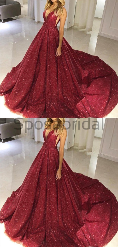 A-line Gorgeous Burgundy V-neck Sequin Sparkly Modest Long Prom Dresses, Ball gown PD1517