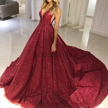 A-line Gorgeous Burgundy V-neck Sequin Sparkly Modest Long Prom Dresses, Ball gown PD1517