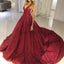 A-line Gorgeous Burgundy V-neck Sequin Sparkly Modest Long Prom Dresses, Ball gown PD1517