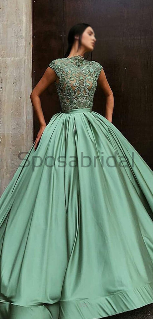 A-line Gorgeous Green High Neck Modest Elegant Formal Long Prom Dresses, Ball gown PD1523