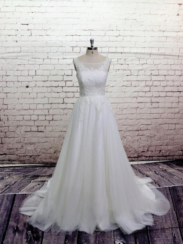 Cheap Lace Straps Scoop Tulle A-line Wedding Dresses Online, WD370 – SposaBridal Cheap Lace Straps Scoop Tulle A-line Wedding Dresses Online, WD370 – SposaBridal