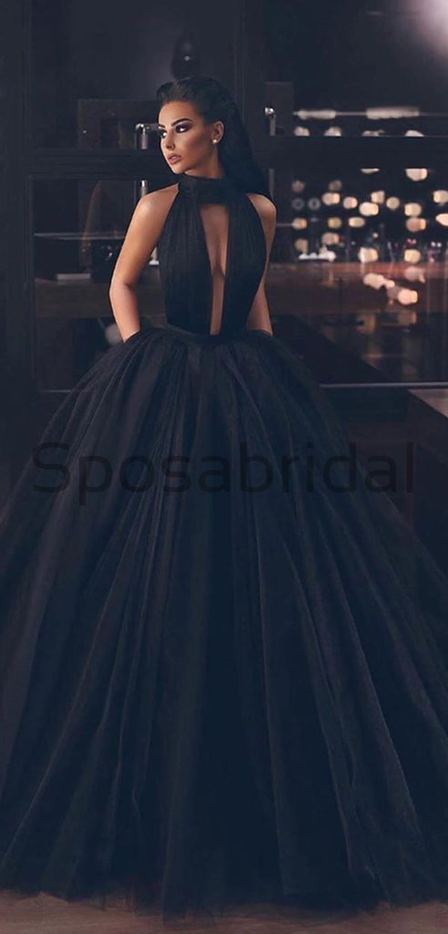 A-line Long Halter Black Tulle Sleeveless Long Modest Elegant Prom Dresses PD1603