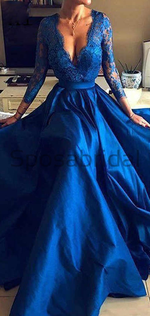 A-line Long Sleeves Royal Blue Satin Lace Formal Vintag Long Prom Dresses PD1717