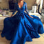 A-line Long Sleeves Royal Blue Satin Lace Formal Vintag Long Prom Dresses PD1717