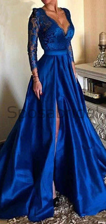 A-line Long Sleeves Royal Blue Satin Lace Formal Vintag Long Prom Dresses PD1717