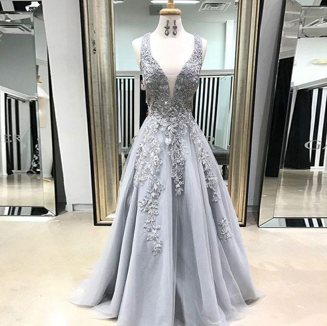 A-line Modest Popular Elegant Formal Deep V Neck Long Prom Dresses with Appliques, PD1302