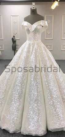 A-line Off Shoulder Sequin Unique Modest Long Elegant Prom Dresses, Wedding Dresses PD1721