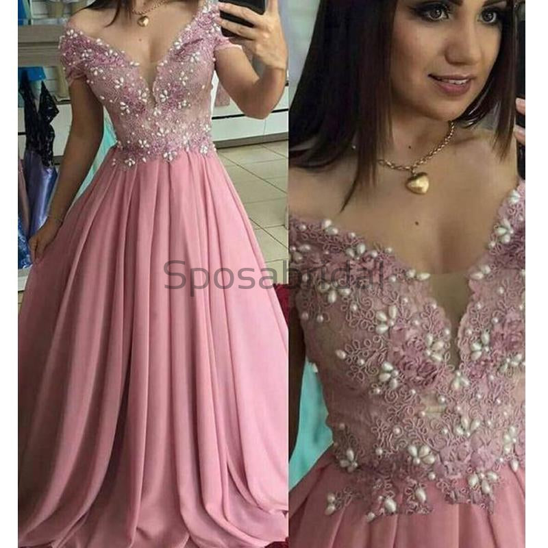A-line Off the Shoulder Pink Lace Long Formal Elegant Prom Dresses  PD1718