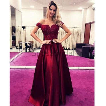 A-line Off the Shoulder Satin Burgundy Elegant Modest Formal Prom Dresses  PD1722