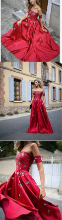 A-line Red Off Shoulder Beautiful Flower Appliques Prom Dresses, Fashion dress for woman, PD0475 - SposaBridal