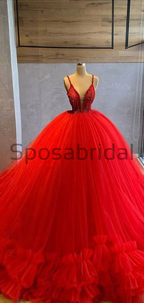 A-line Red Spaghetti Straps Tulle Gorgeous Prom Dresses, Ball Gown PD1990