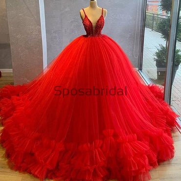 A-line Red Spaghetti Straps Tulle Gorgeous Prom Dresses, Ball Gown PD1990