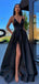 A-line Satin Black Side Slit Simple Cheap Vintage Party Prom Dresses PD2016