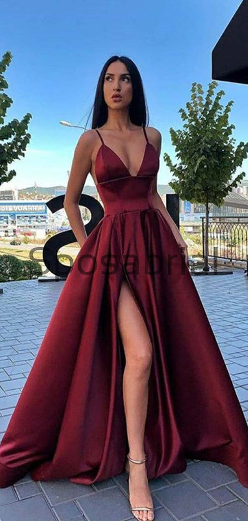A-line Satin Burgundy Side Slit Simple Cheap Party Prom Dresses PD2017
